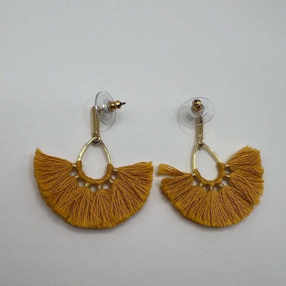 J. Crew Elegant Gold Mustard Yellow Tassel Fringe Fan Earrings - Picture 3 of 6